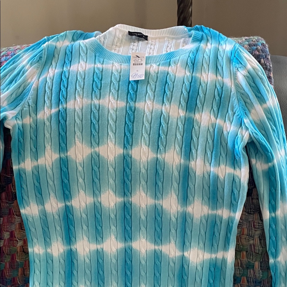 Talbots Aqua and White Cable Knit Sweater